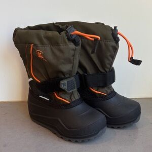 Kamik Kids Winter Boots in Black and Olive with Orange Accents